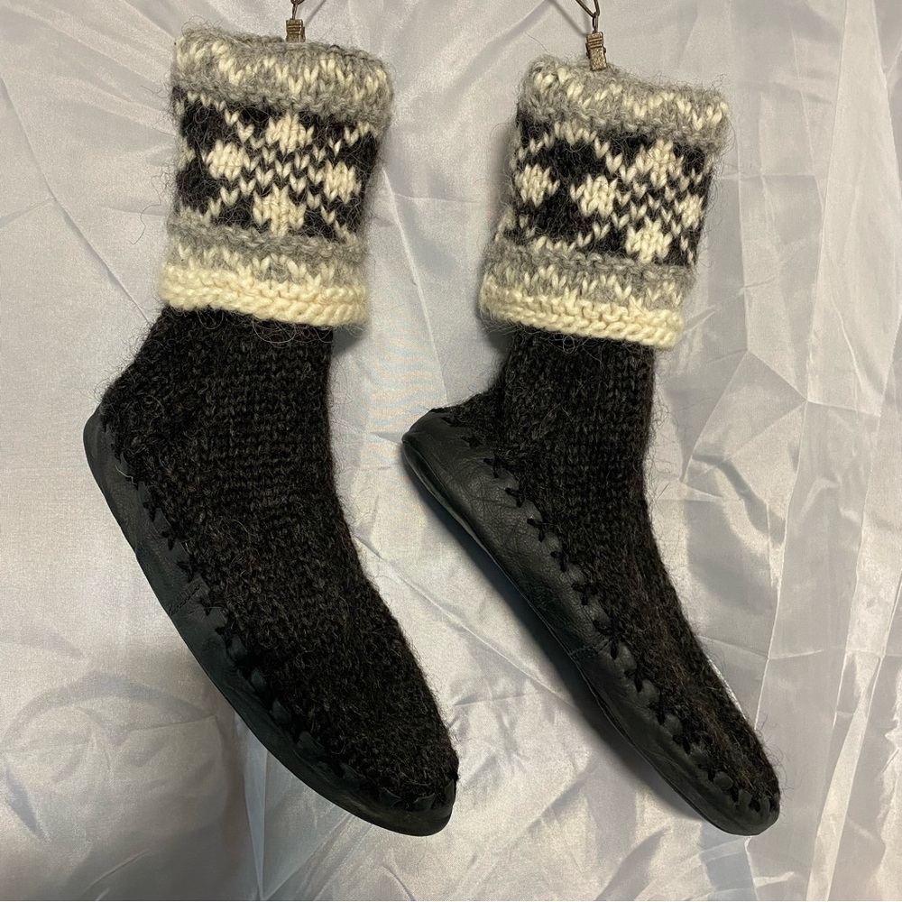 Handmade in Iceland Sheep’s Wool knitted Slipper Booties / Leather padded soles
